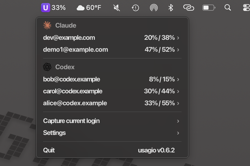 usagio's menu open on macOS, showing session and weekly quota for several Claude and Codex accounts