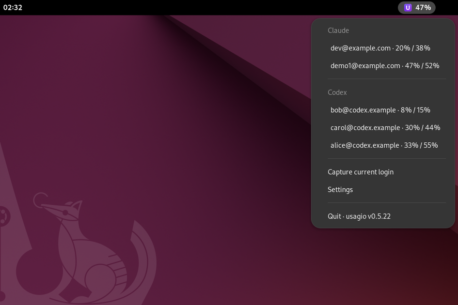 usagio's menu open on Linux, showing the same account list