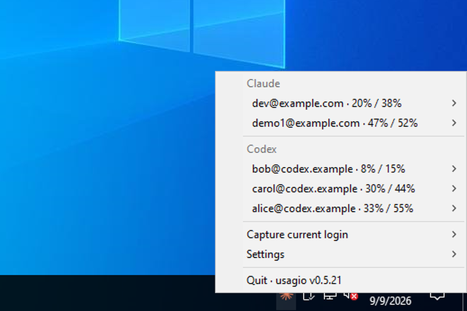 usagio's menu open on Windows, showing the same account list